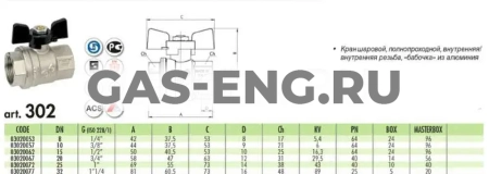 Шаровой латунный кран ВР-ВР полнопроходной, ручка-бабочка, Ду 15-25 Ру 40-64, Bugatti серии 302 Oregon купить в интернет-магазине промышленного оборудования в Санкт-Петербурге